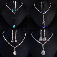 fashion water drop bling rhinestone long pendant full crystal silver plated necklace earrings set luxury bridal wedding jewelry