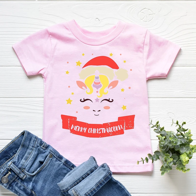 Camiseta de Feliz Navidad para ni&ntilde;os y ni&ntilde;as, camisa Kawaii con cara de unicornio, astas, ropa para ni&ntilde;os, camisetas de manga corta de los a&ntilde;os 90, 2022-4