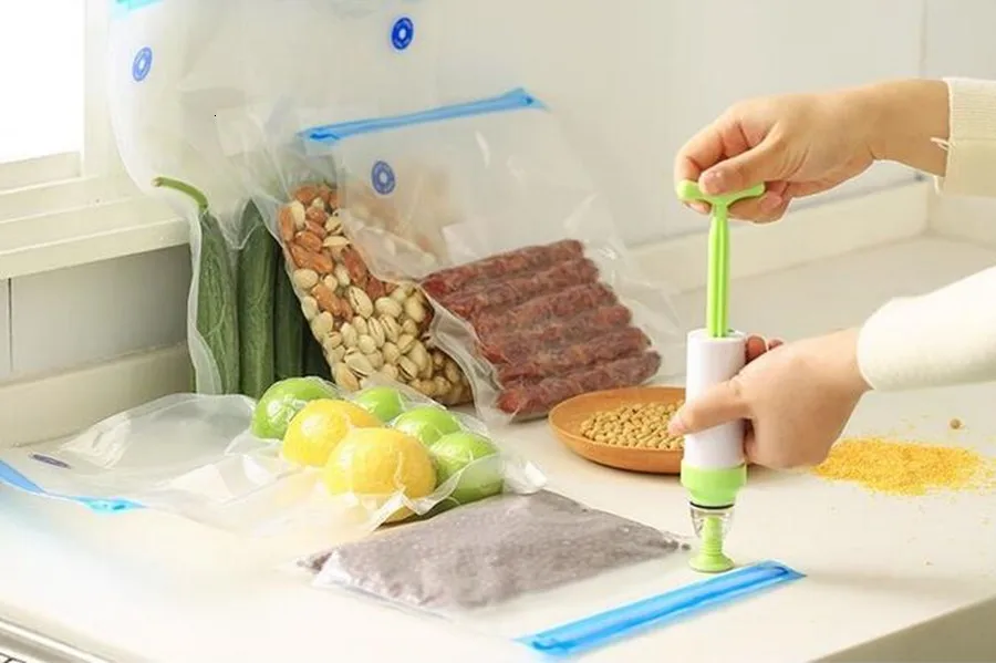 Вакуумный упаковщик, вакуумные пакеты для хранения продуктов с насосом, Многоразовые Пакеты для еды, кухонный Органайзер(содержащий 5 шт пакетов), вакуумный насос
