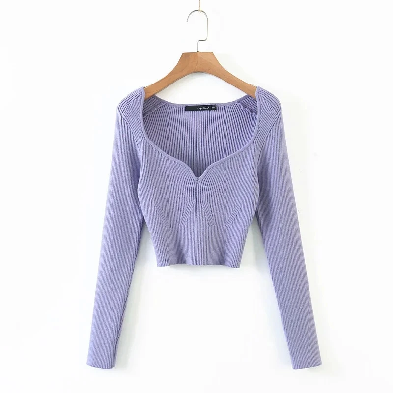 

New Spring Auutmn Crop Sweater Women Sexy Square Collar Long Sleeve Short Pullover Crop Tops Female Sexy Knitted Sweaters
