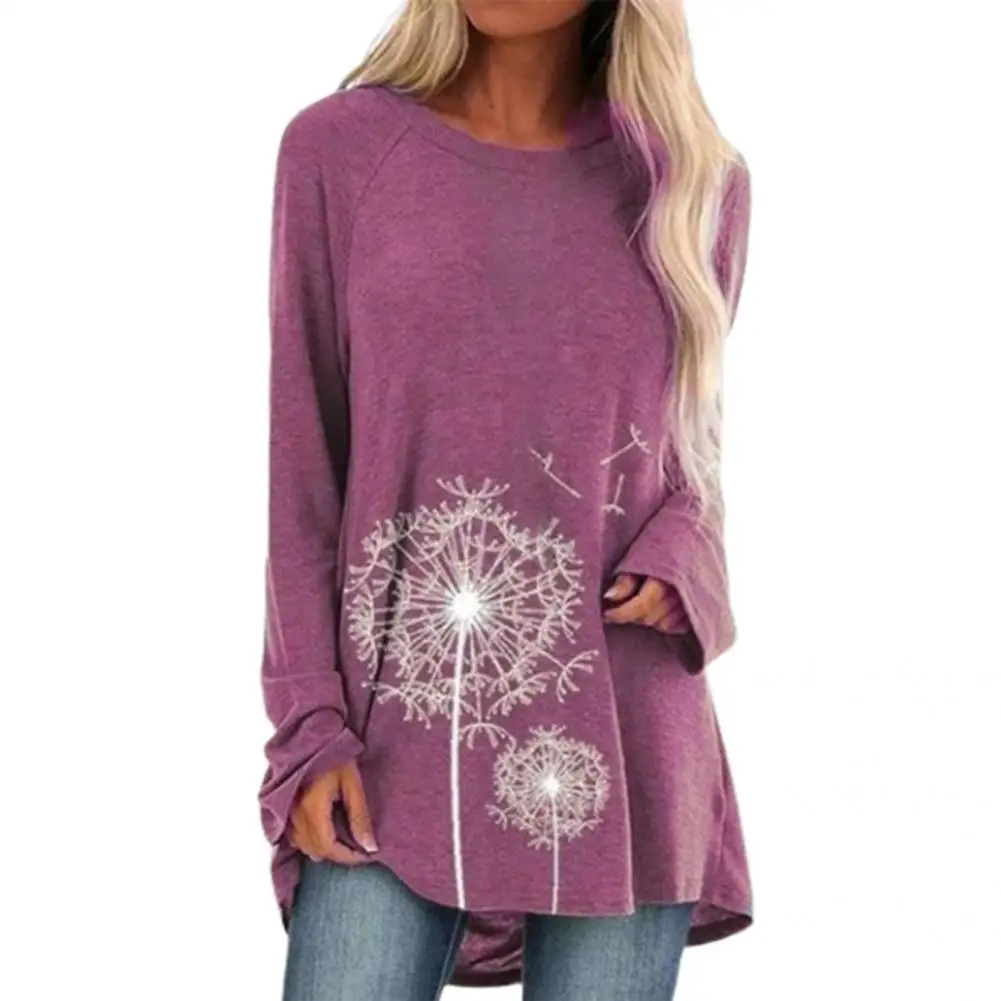 

Skin-Touch Chic Dandelion Print Long Women Pullover Top Soft Pullover Top Round Neck for Daily Wear