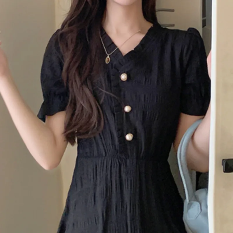 

Fashion Summer Midi Dresses Women Elegant Casual Sweet Short Sleeve V Neck Folds Ruffle Buttons Solid Vintage Dress 2021 Robes