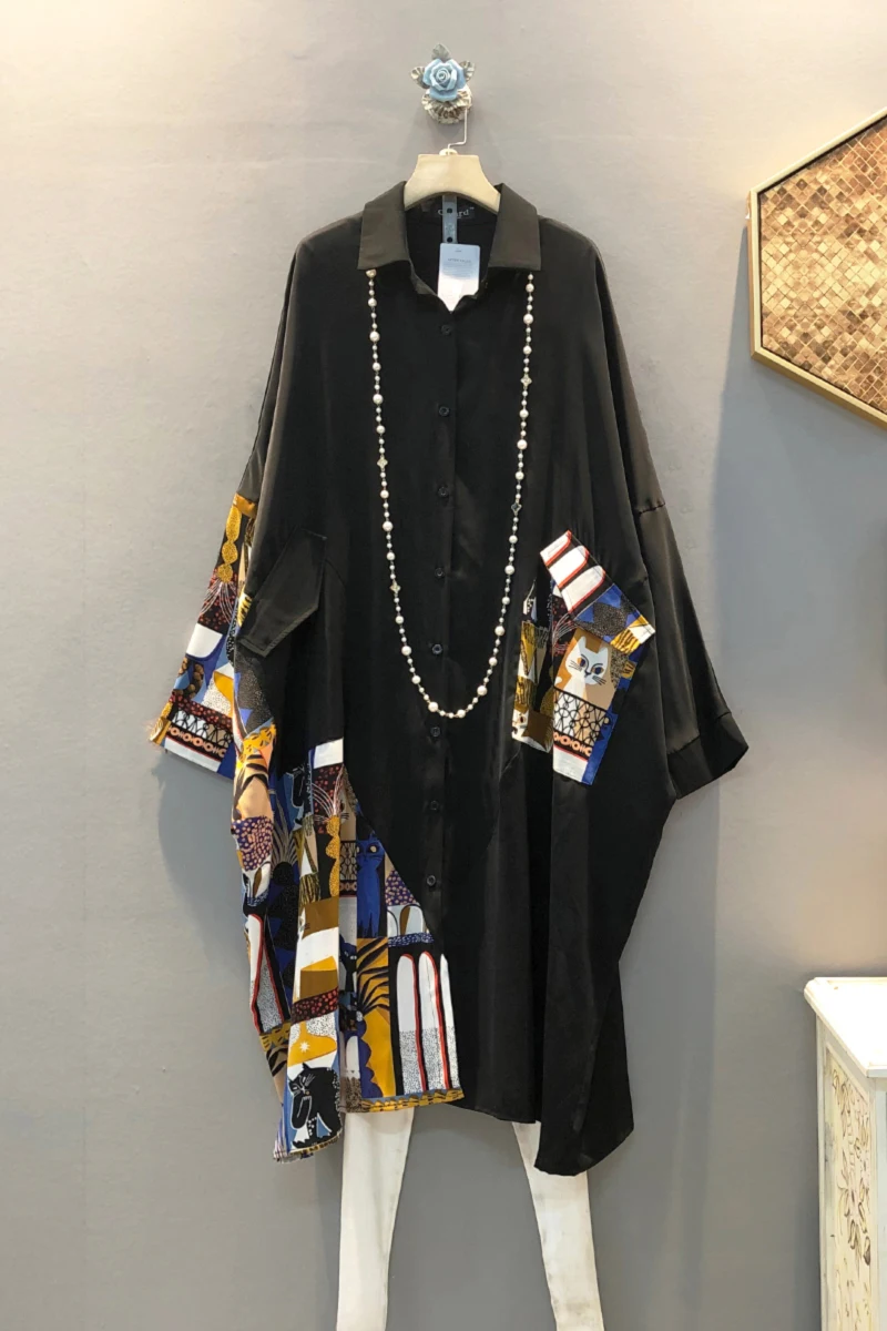 

QING MO Black Yellow Women Irregular Shirt 2021 Spring Women Printed Patchwork Shirt Female Batwing Sleeve Blouse ZQY6694