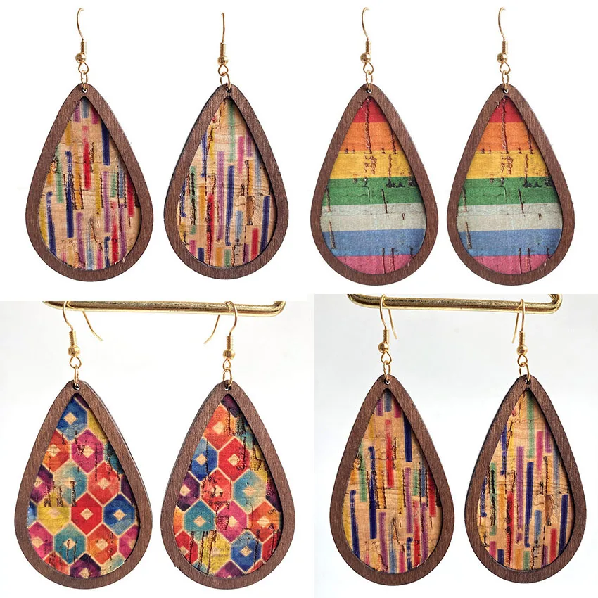 Креативные Модные женские красочные кожаные деревянные висячие серьги из пробки
