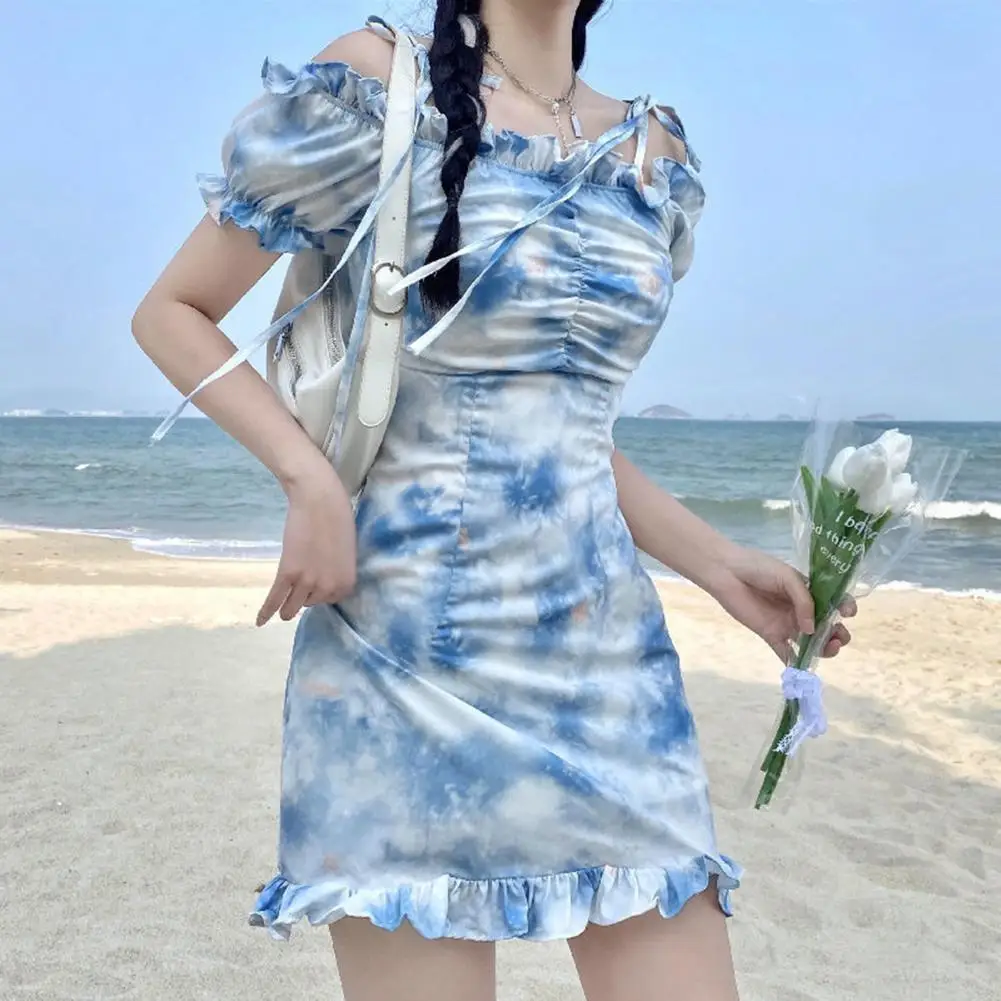 

2021 Fashion Women Dress Floral Slim Summer Ruffle Hem Pleated Bust Blue Dress for Holiday