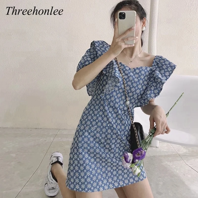 

Women Korean Floral Short Dress 2021 Summer Chic Flying Sleeve Designer Bodycon Dress Female Elegant Office Lady Dress Women