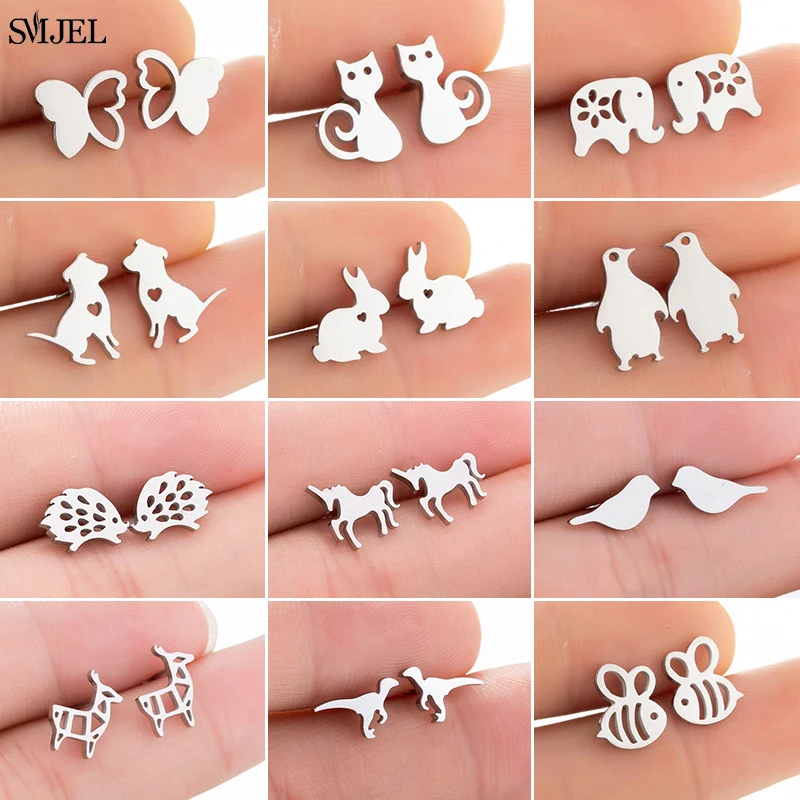 

Small Stainless Steel Animal Stud Earrings for Women Kids Jewelry Punk Black Dog Butterfly Rabbit Unicorn Paw Earrings Bee Studs
