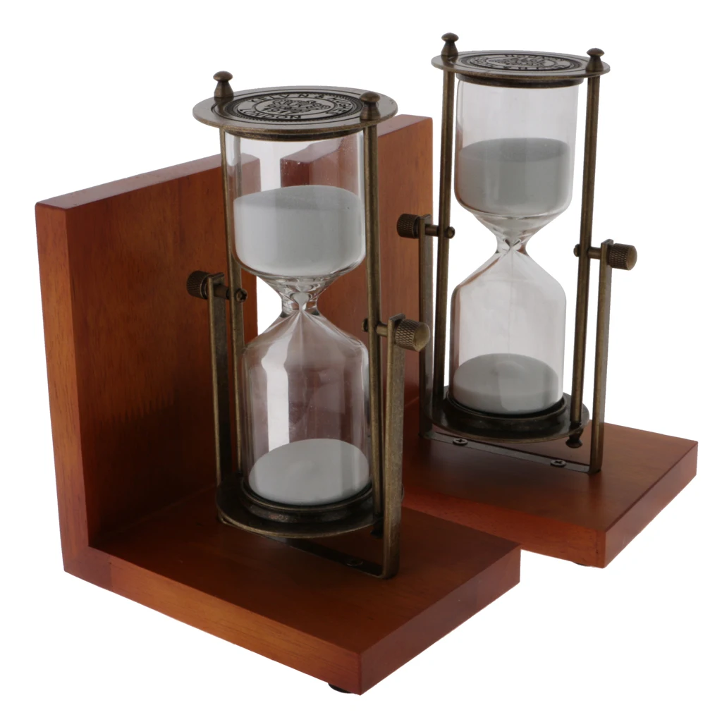 

Bronzed 30 Minutes Hourglass Wood Bookend Home Office Shelf Decor (Set of 2)