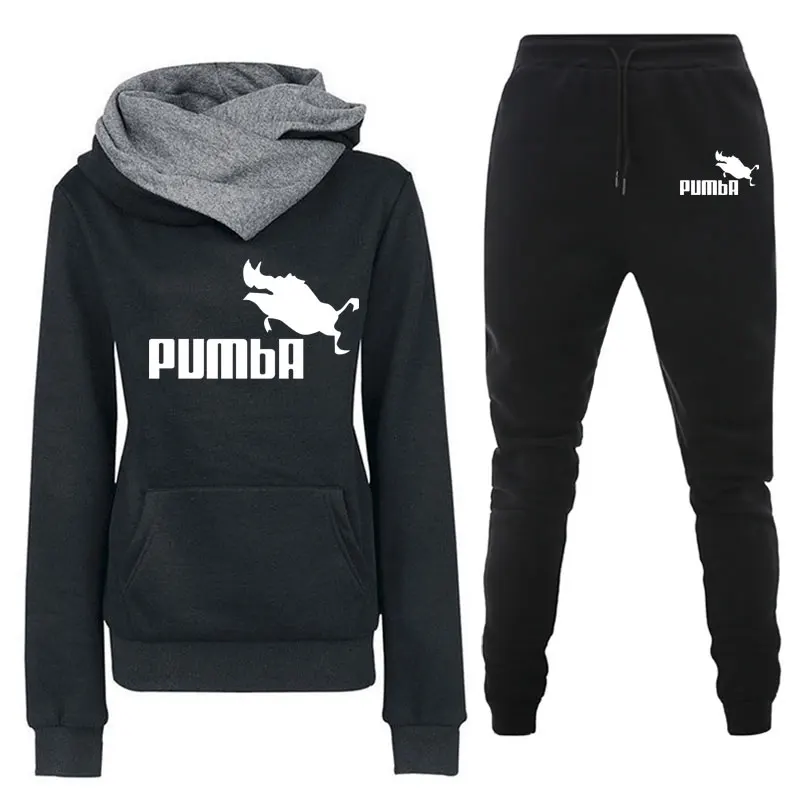 

Women Tracksuit Pullovers Hoodies and Black Pants Autumn Winter Suit Female Solid Color Casual Full Length Trousers Outfits 2021