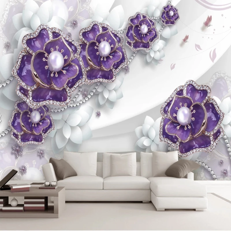 

Custom 3d Wall Mural Relief Jewelry European Purple Flower Diamond Wallpaper Home Decoration