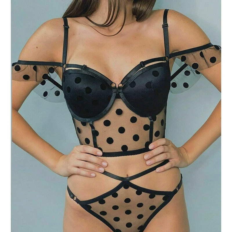 

New Womens Sexy Polka Dots Set Solid Color Off Shoulder Lingerie Bra + G-String Underpants Casual Skin-Friendly And Comfortable