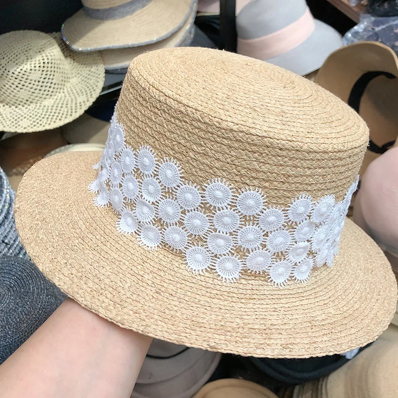 

2020 Lace Raffia Straw Hat Women Summer Flat Top Sun Hat Vacation Travel Visor Hat Ladies Panama Beach Hat