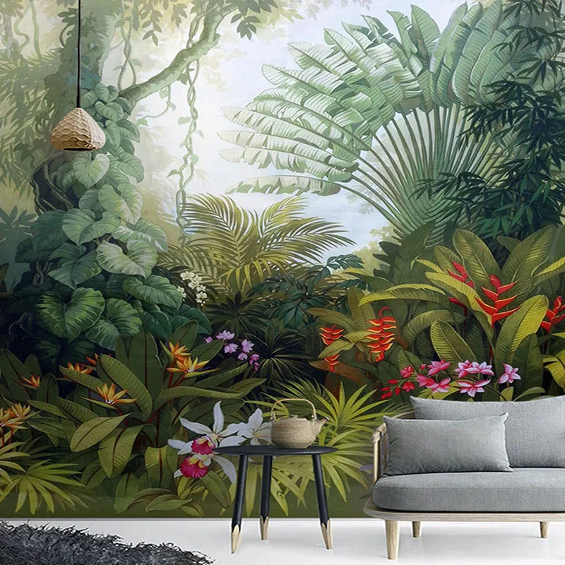 

Custom Mural Wallpapers European Style Retro Tropical Rain Forest Plant Scenery Photo Wall Painting Murals Living Room Wallpaper