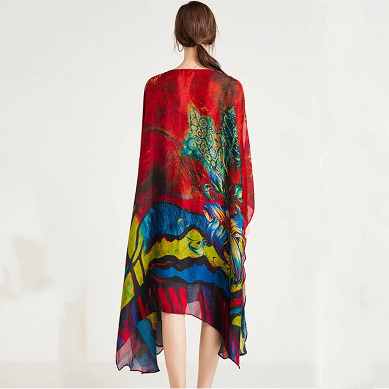 

SeeBeautiful Vintage Printed Thin Large Size Dress O Neck Short Sleeve Irregular Simple Women Summer 2021 New Fashion E707