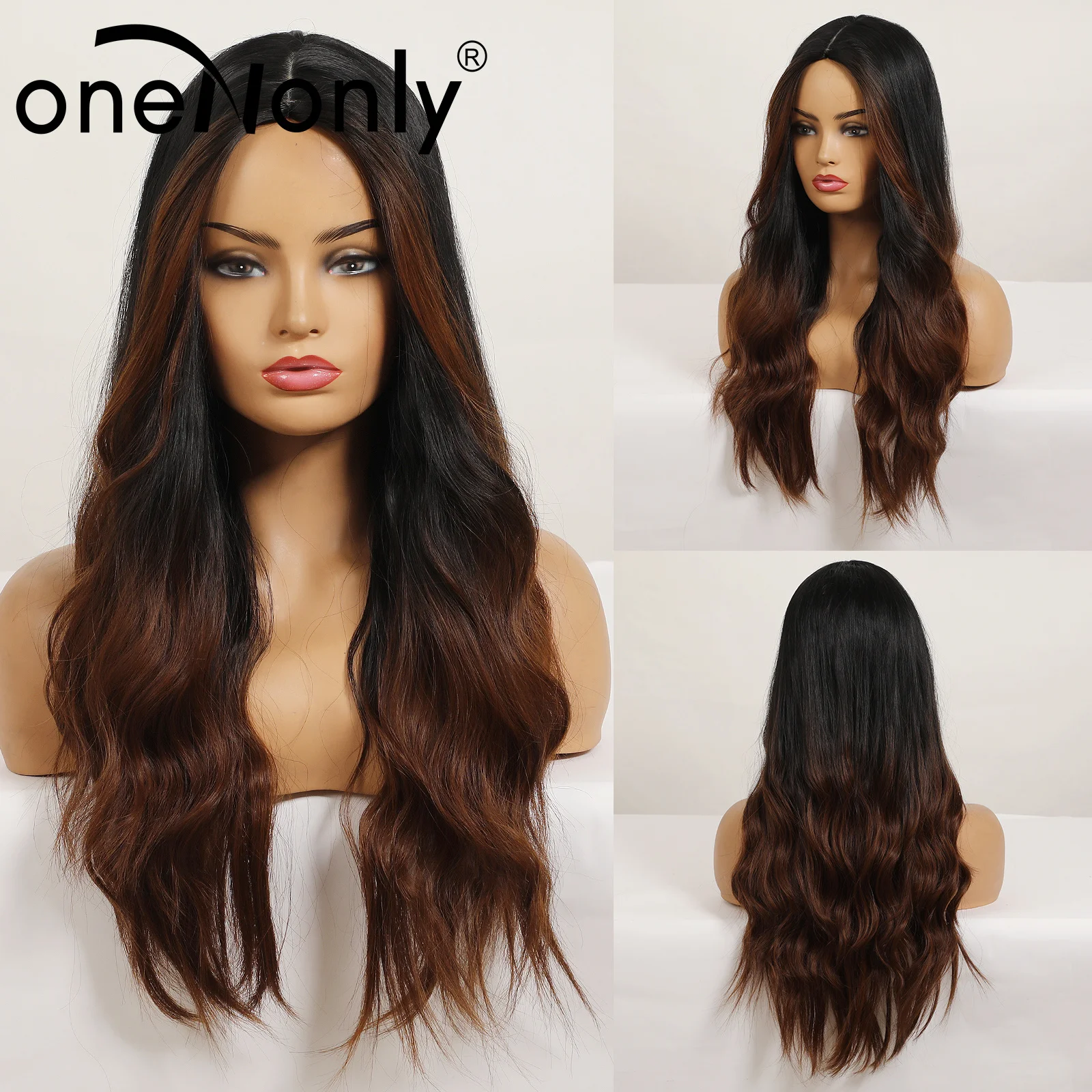 

oneNonly Brown Wig Long Natural Wave Synthetic Wigs with Middle Part for Women Coaplay Natural Hair Heat Resistant