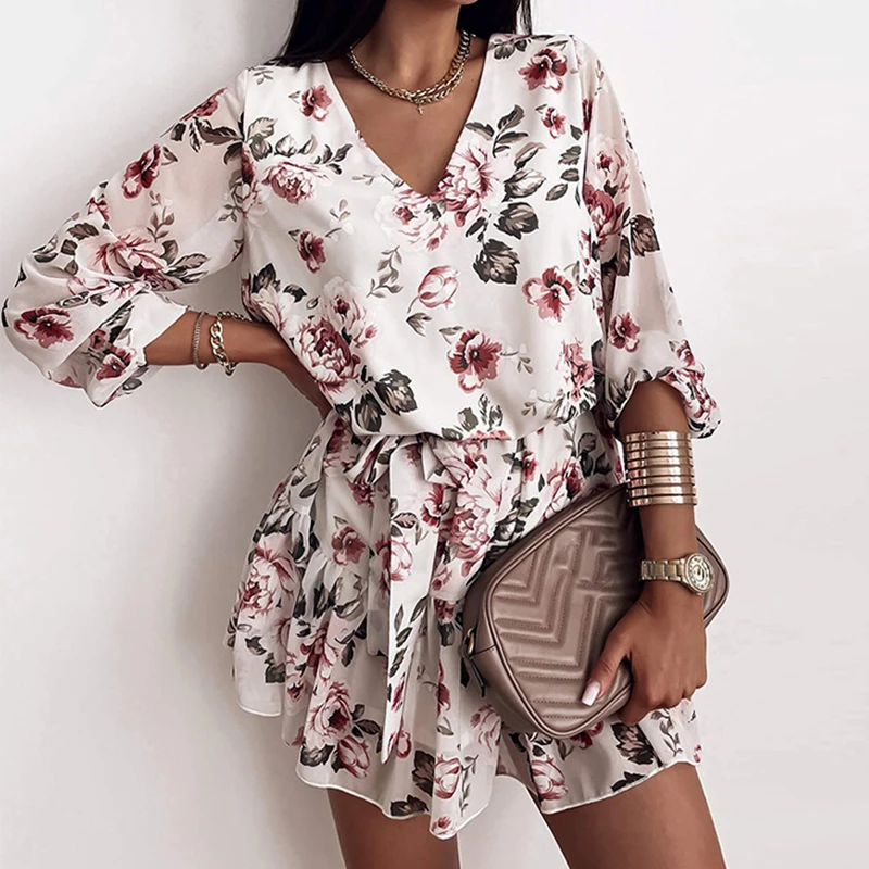 

2021 Summer Women's Chiffon V Neck Flower Print Dress Casual Long Sleeve Short Dress Female Boho Leisure A Line Party Vestidos