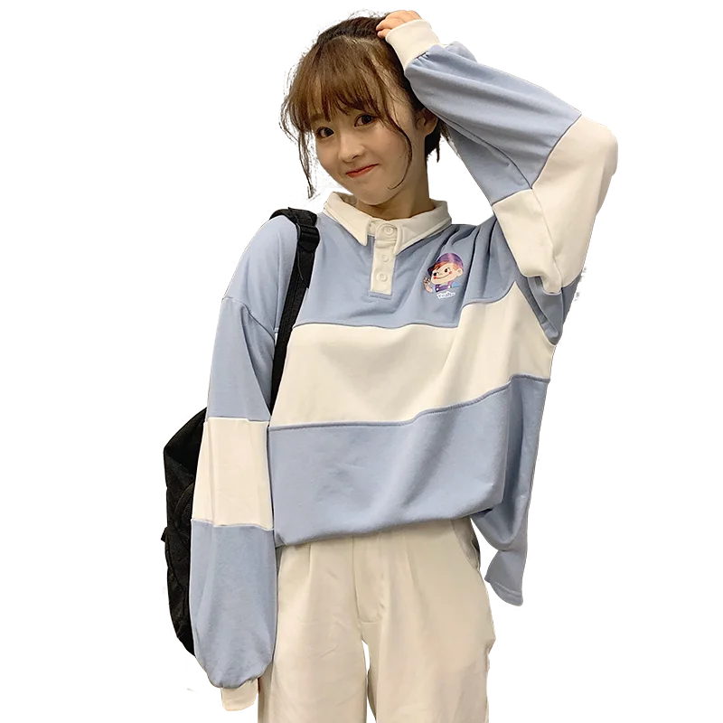 

2020 Autumn Winter Women's Sweatshirts Polo Korean Casual Cartoon Print Preppy Style Patchwork Loose Oversized Women Sweatshirt