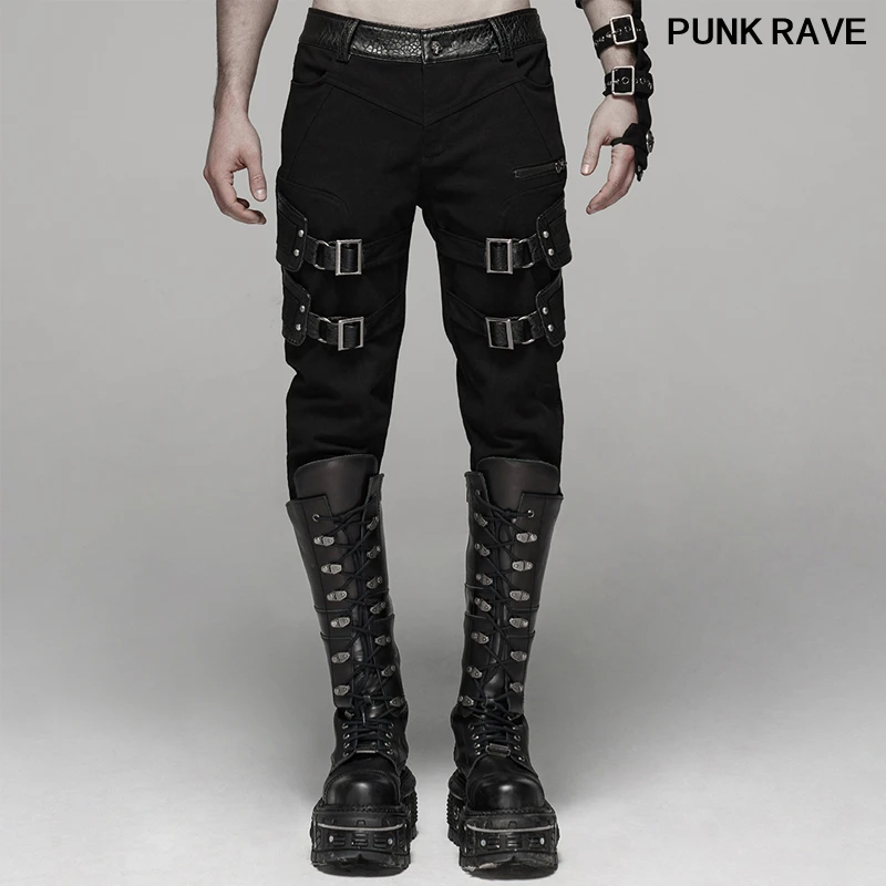 

Fashion Casual Streetwear Hip Hop bandage Metal buttons Pants Punk rock Handsome Men Stretch Twill Trousers PUNK RAVE WK-384XCM