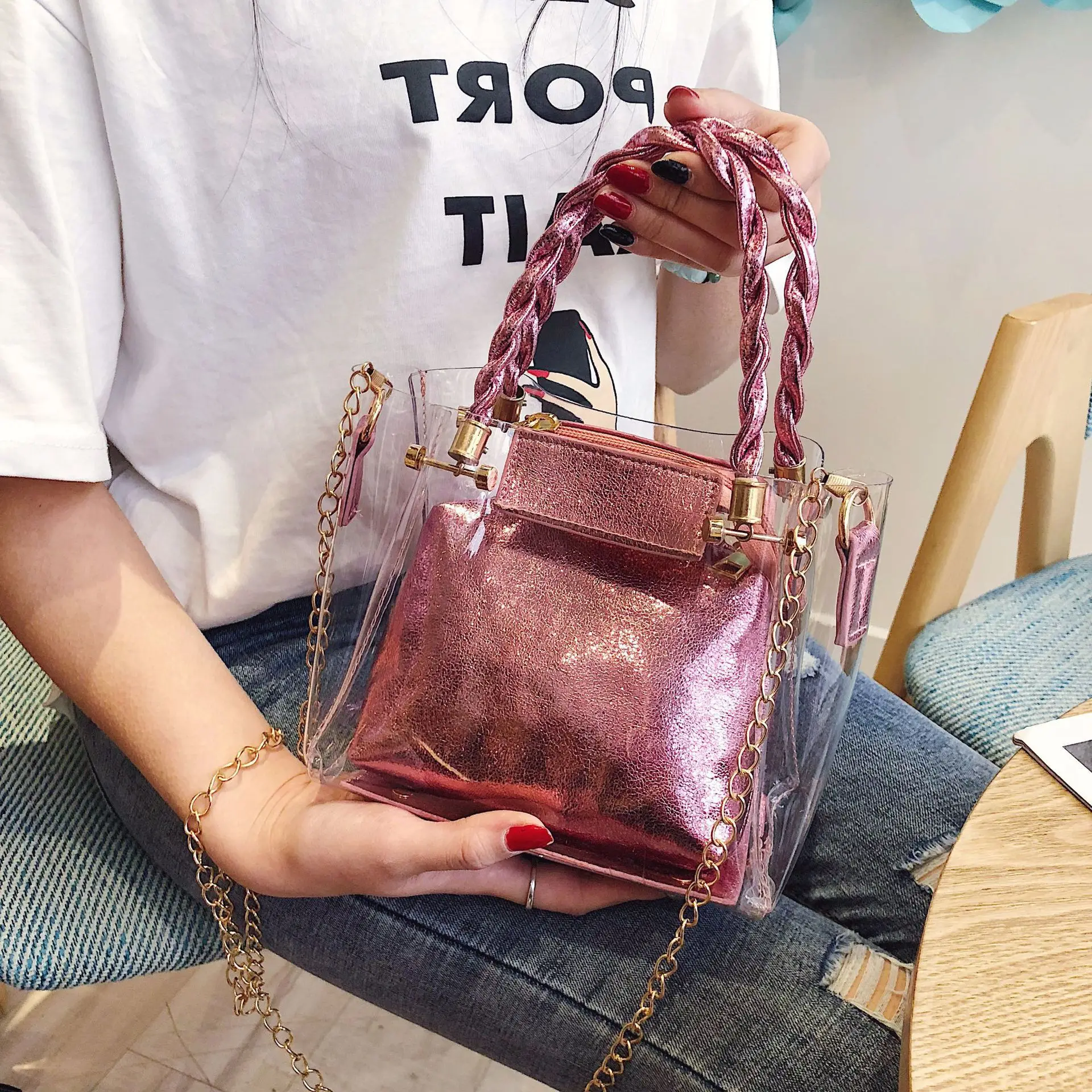 

Small clear brand designer Ms. 2019 new fashion Messenger bag chain shoulder bag female transparent square PVC handbag