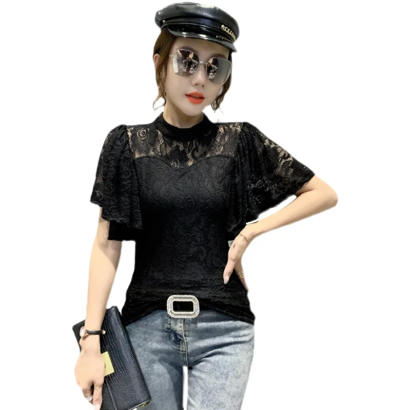 

New 2021 Summer Women's shirt Fashion Casual Flare Sleeve Lace Tops Elegant Slim Sexy Hollow Out Lady Blouse Shirt