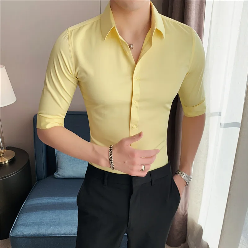 

Loldeal 3/4 Sleeve Shirt Men Slim Fit Polyester Fiber Soft Lapel Collar Casual