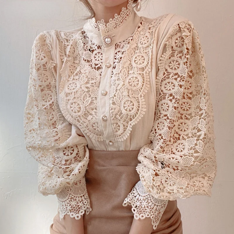 

Sexy Hollow Out Lace Women Blouse Shirt 2021 Fashion Stand Collar Flower Solid Patchwork Blouse Elegant Casual Long-sleeved Tops