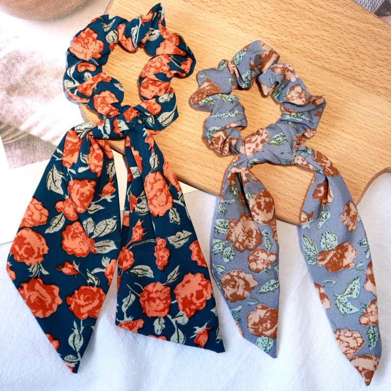 

Fashion Hair Band Floral Long Ribbon Bow Ponytail Hair Tie Scrunchies Women Girls Scarf Bow Tie Hair Band Ribbon Headwear