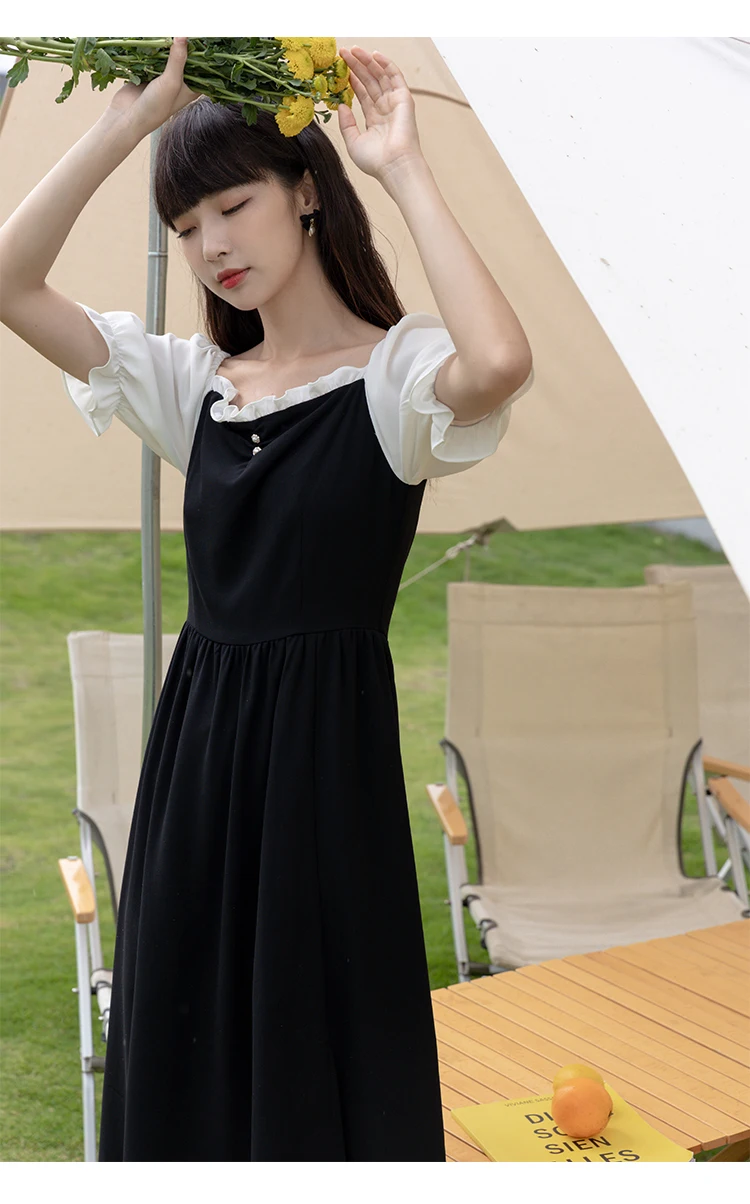 

Summer Black Dress For Women Vintage Petal Sleeve Square Collar Midi Dresses