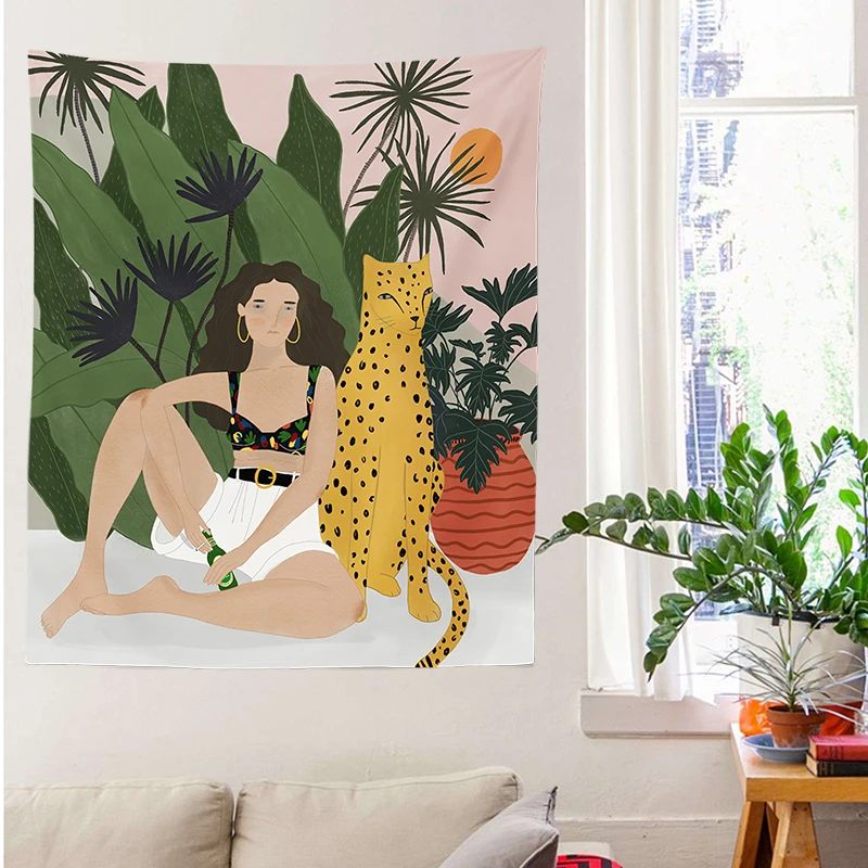 Tiger and Girl Hanging Tapestry Blanket-Cover Wall Cloth Home Decorations Bedroom Dec | Дом и сад