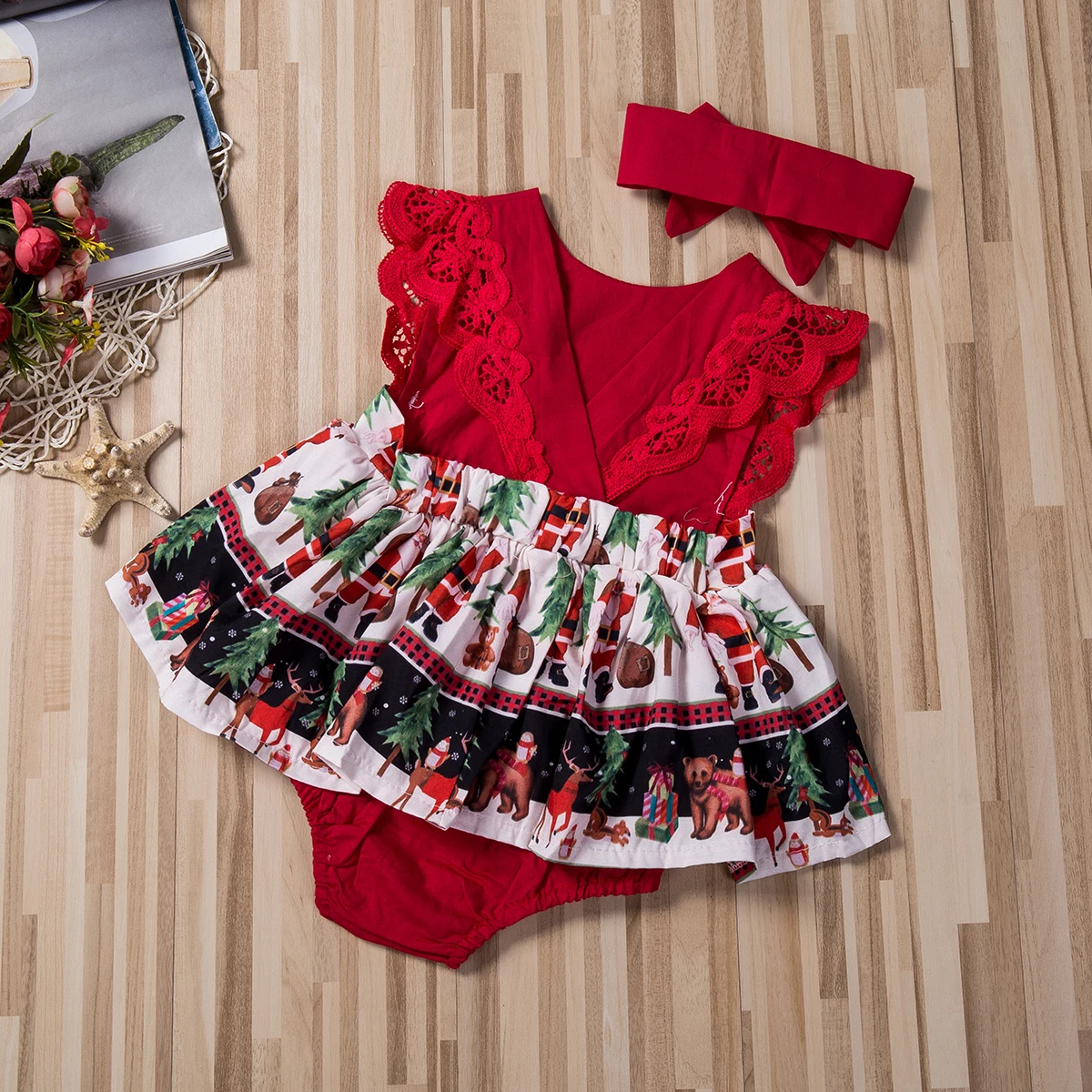 

0-24M Children's Clothing Christmas Toddler Baby's Clothes Bodysuit Girls Dress Party Princess Santa Red Lace Xmas With Headband