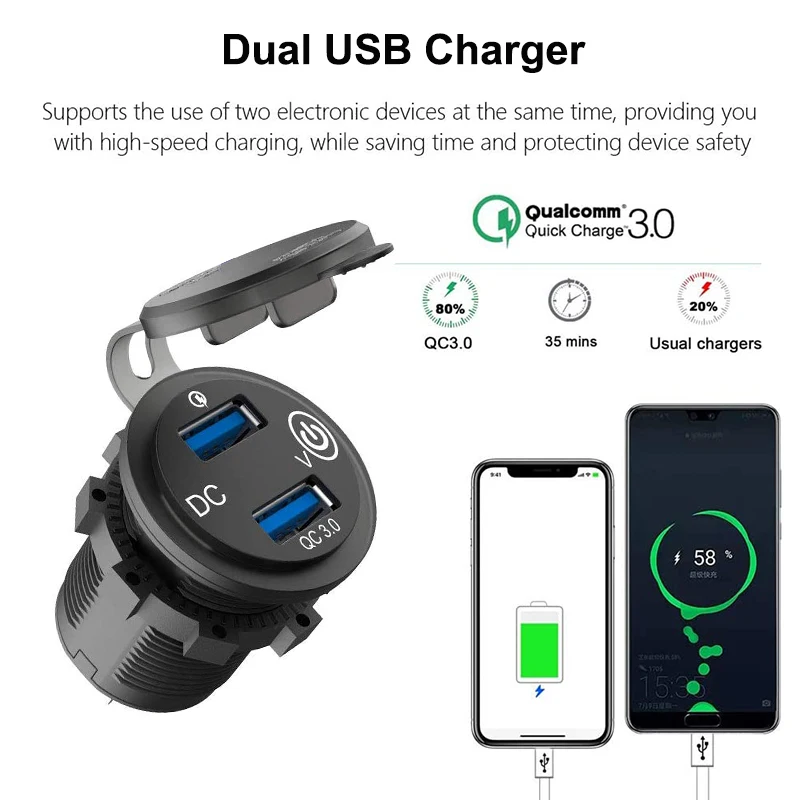 Зарядных порта USB для автомобиля Зарядное устройство Разъем Dual QC3.0 Порты и