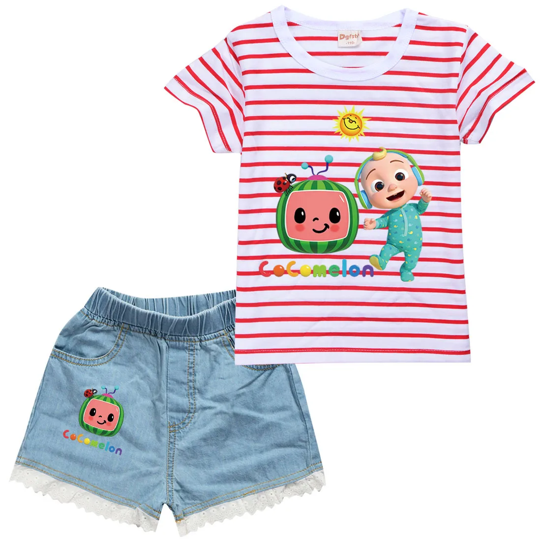 

Cool Boys Summer Clothes Kids Cocomelon Outfit Baby Girls Short-sleeved Cotton T-shirt Denim Shorts 2pcs Set Children's Clothing