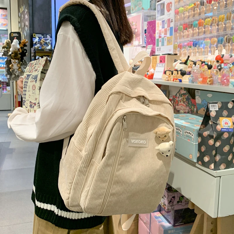 

Woman Backpack Stripe Cute Corduroy Schoolbag for Teenager Girls Female Fashion Bag Student Lady Book Backpack