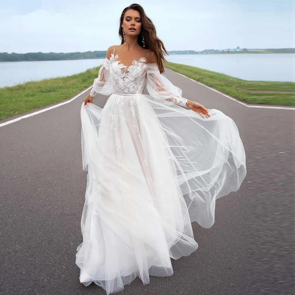 

2021 A-line Beach Wedding Dress Long Sleeve Sweep Train Bridal Dress Custom Made Princess Wedding Gowns Boho Plus Size