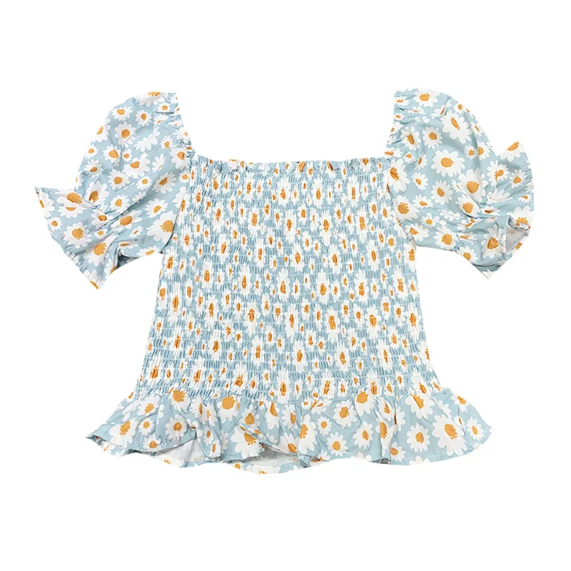 Корейский цветочный квадратный воротник эластичный топ на талии Женская милая