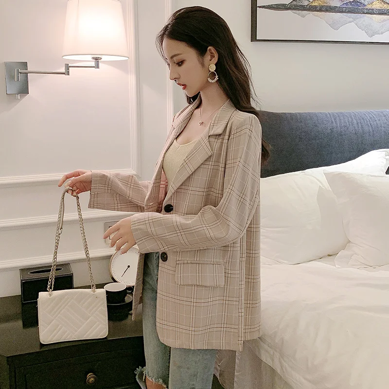 Женский клетчатый пиджак с карманами повседневный свободный офисный в Корейском