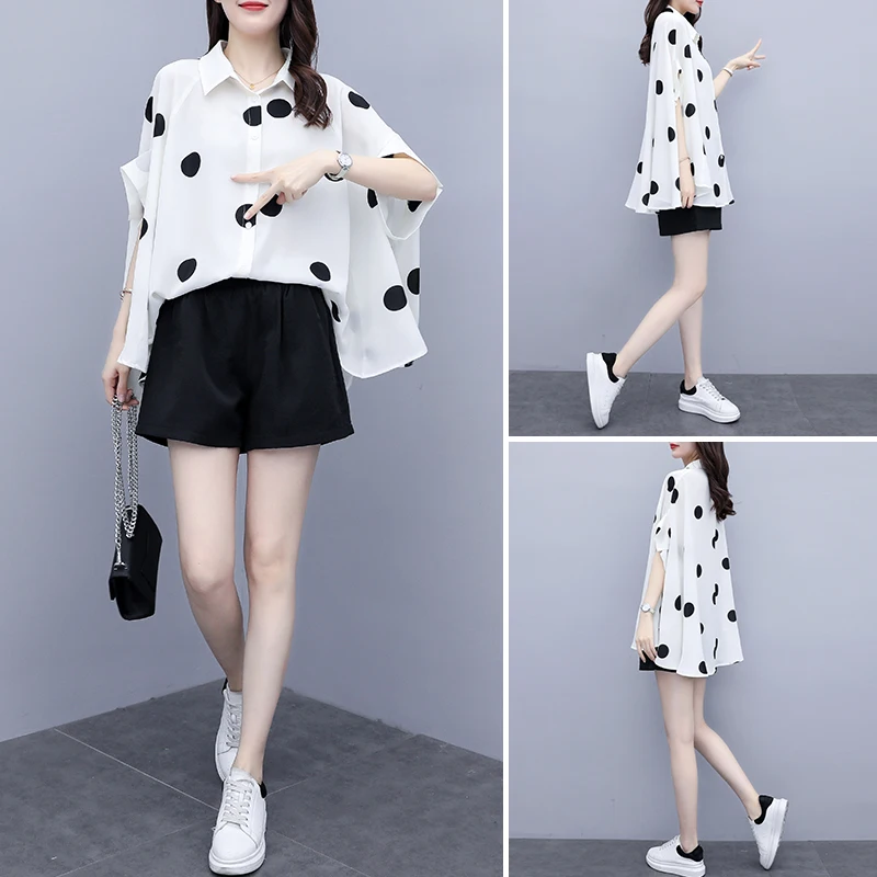 Модный женский летний модный Повседневный шифоновый топ в горошек + черные шорты