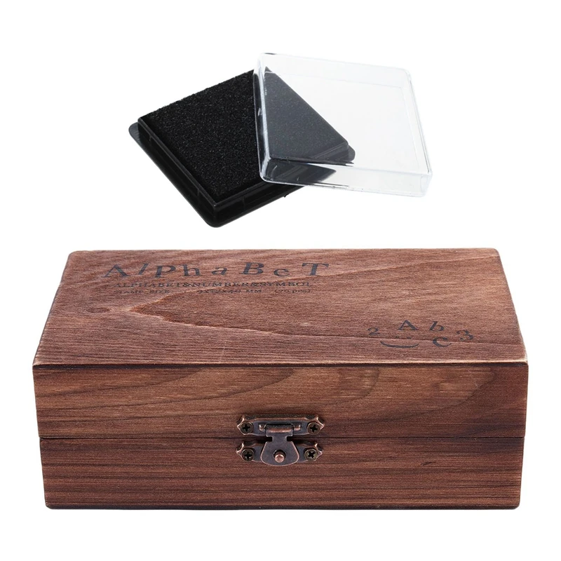 

1 Pcs Stamp Pad Ink Pad Wedding Letter Document Black & 1 Set Rubber Stamp Alphabet Number Symbol Wooden Box Set