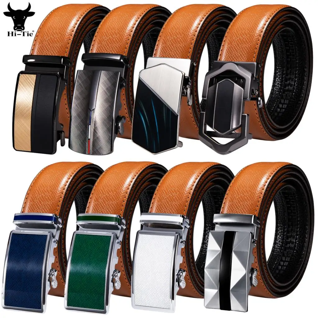 Luxury Orange Brown Leather Mens Belts Automatic Buckles Ratchet Waistband High Quality Belt For Men Dress Jeans Casual Wedding