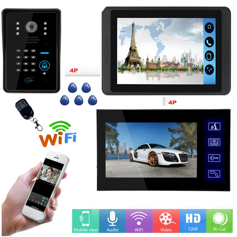Видеодомофон с RFID управлением беспроводной видеодомофон 7 дюймов Wi Fi дверной