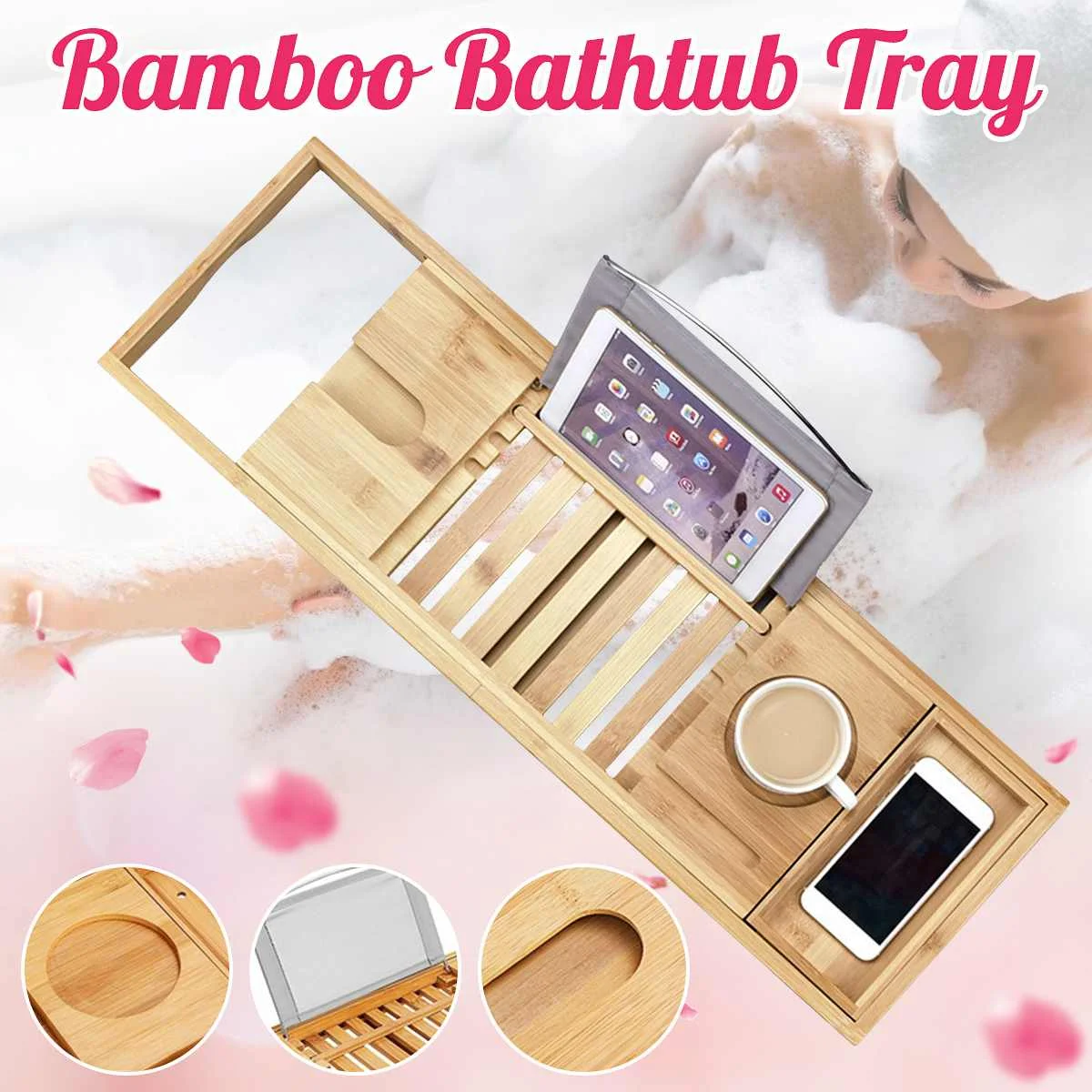 

2Types Retractable Bathtub Storage Rack Wood Bath Tray Shelf Tub Multi-Function Towel Book Wine Tablet Holder Reading Rack Home