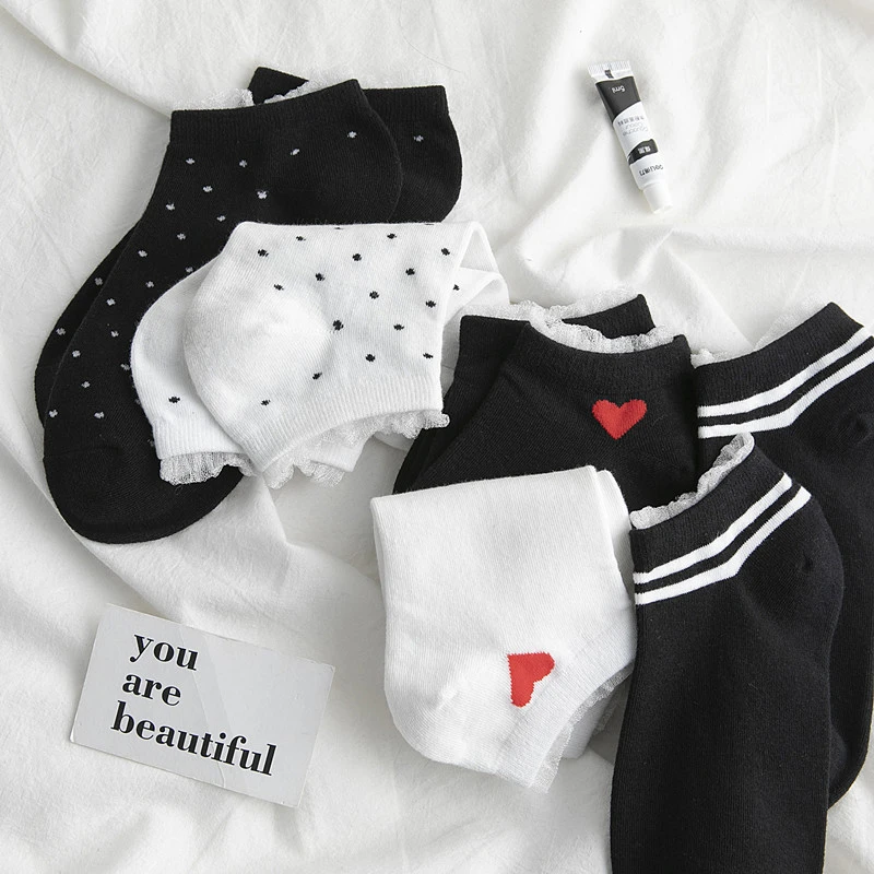 Носки женские в японском стиле кружевные горошек с сердечками оригинальные