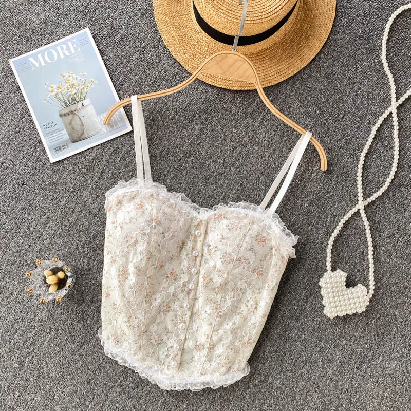 

Женский кружевной топ на бретельках, короткий облегающий Топ без рукавов с открытыми плечами и рюшами, в Корейском стиле, лето 2021