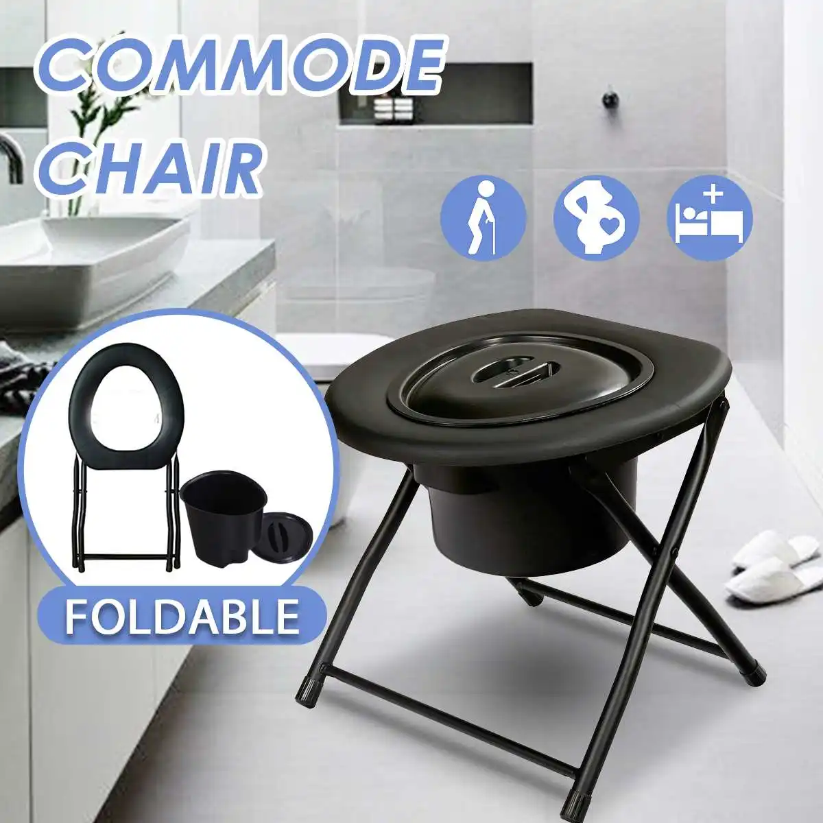 

Foldable Bedside Bathroom Potty Toilet Commode Seat Chair For Elderly Disabled People Pregnant Women No-slip Feet Shower Chairs