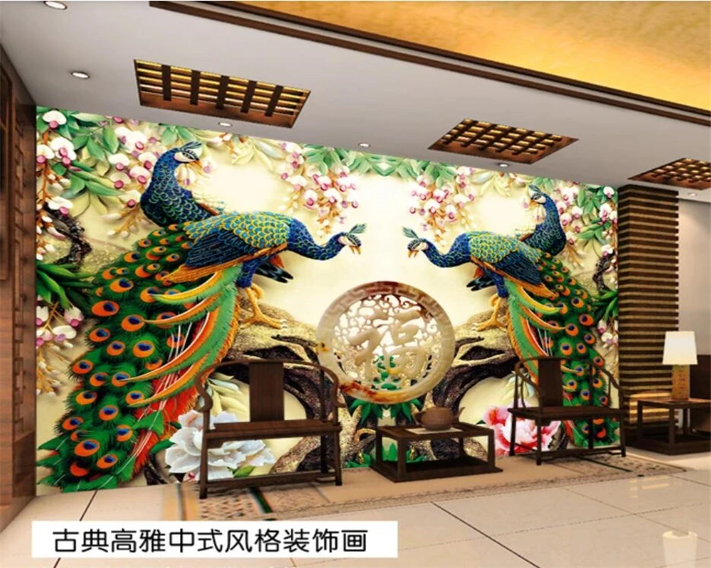 

beibehang papel de parede Customized modern bamboo forest rockery peacock fresh TV background wall wallpaper home decoration