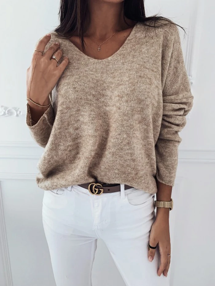 

Pop New Women Loose Knitted Tops Casaul Autumn Long Sleeve V-neck Solid Color Pullovers Female Casual Sweaters Jumpers