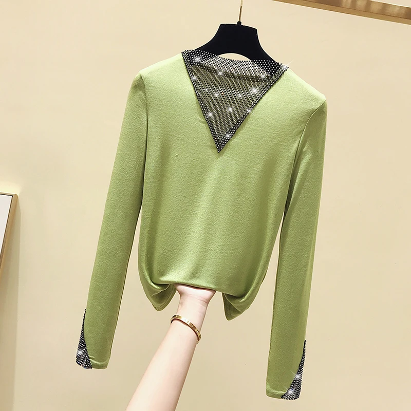 Женская футболка с V-образным вырезом осенняя Повседневная тонкая со стразами