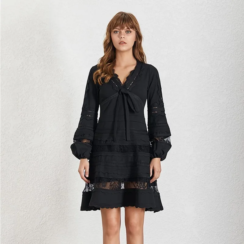 

TWOTWINSTYLE Elegant Perspective Women Dress V Neck Lantern Sleeve High Waist Bandage A Line Dresses Female Fashion Summer 2021
