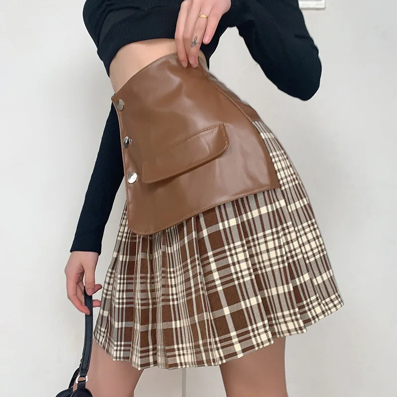 

2021 Preppy Style Plaid Faux Leather Short Skirts Womens Korean Style High Waist Pleated Mini Skirt 90s Vintage Streetwear