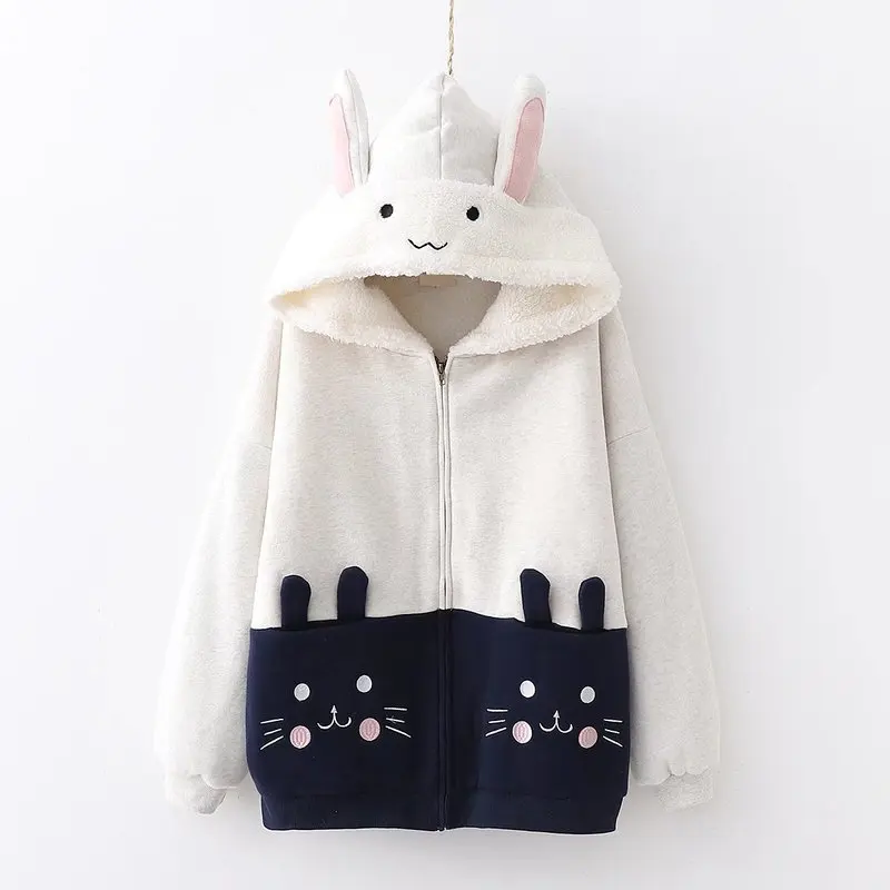 

Winter Japanese Kawaii Coat Girls Cute Cat Face Fleece Warm Cashmere Rabbit Ear Hooded Zipper Jacket Women Pink Casual Outerwear